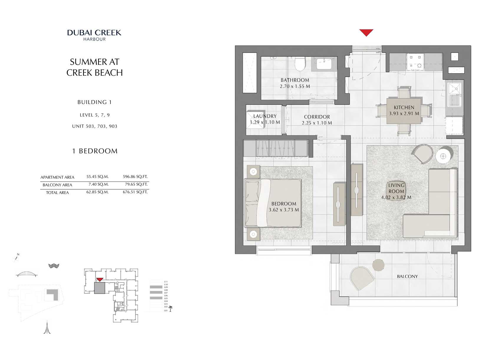 1 Br Building 1 Level-5-7-9 Unit 503-703-903, Size 676 Sq FT